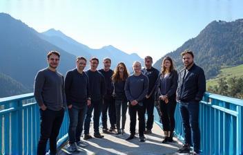 Das emautat-Team auf einer Brücke vor österreichischer Berglandschaft